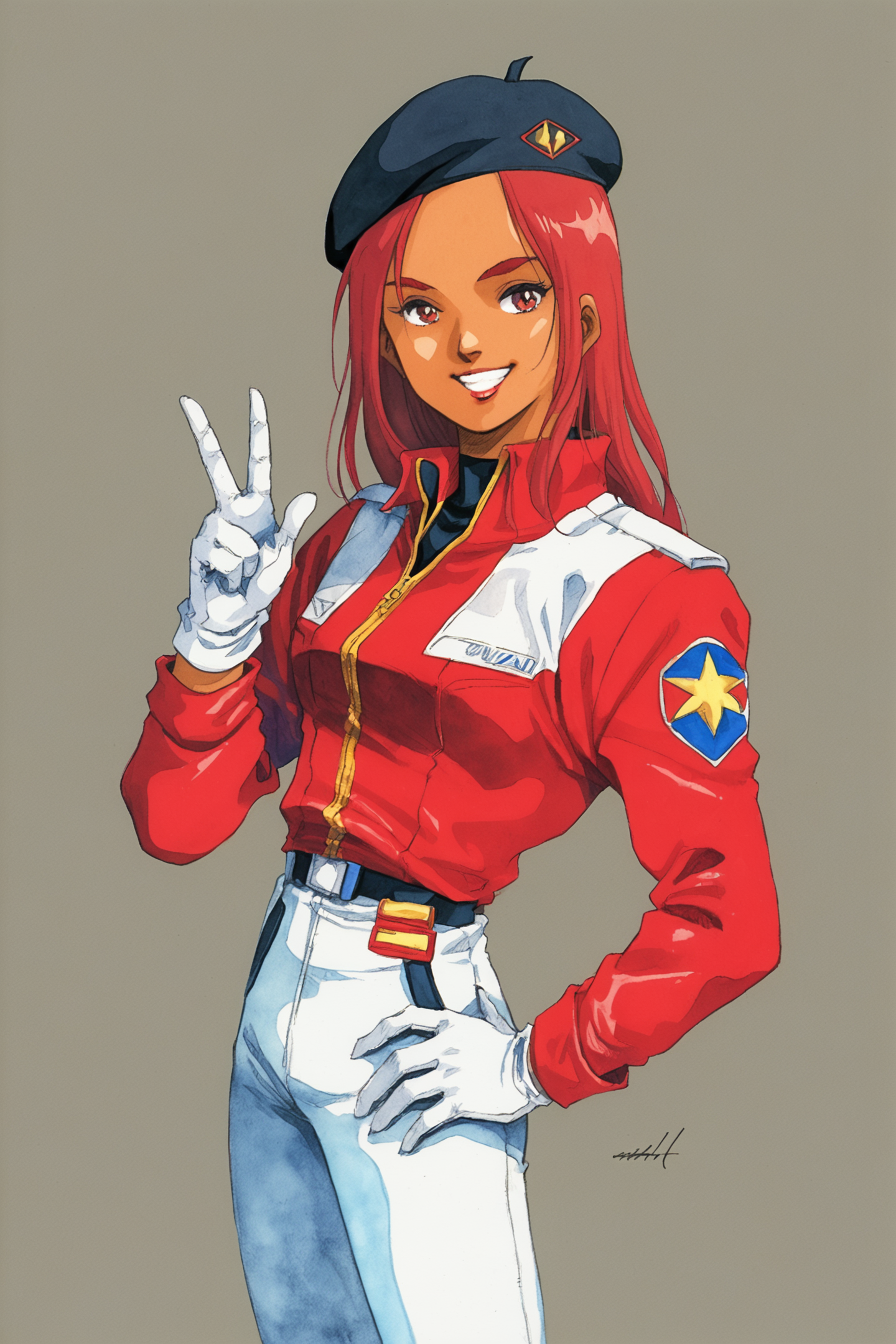 31891-1416888383-1girl,traditional media,hat,red hair,beret,dark skin,hand on hip,gloves,smile,long hair,pants,dark-skinned female,watercolor (me.png